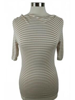 The Limited Womens 1/2 Sleeve Boat Neck Tan Striped T Shirt XS